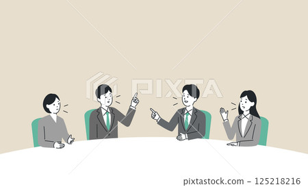 商務人士在會議桌周圍交換意見的插圖，頂部有標題空間，向量 125218216