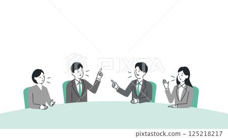 商務人士在會議桌周圍交換意見的插圖，頂部有標題空間，向量 125218217