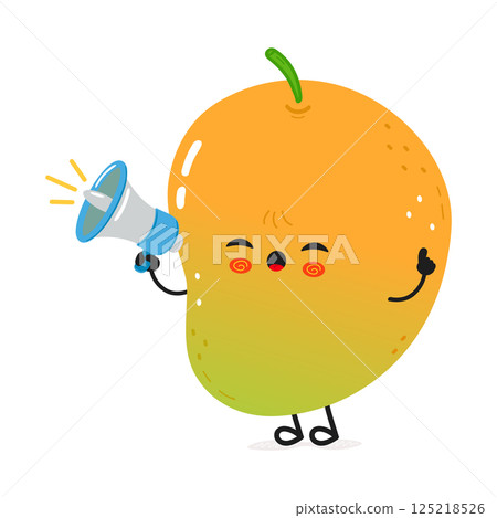 A cheerful Mango cartoon character uses a megaphone to share an announcement. 125218526