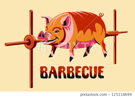 Roast pig on a spit. Barbecue. Bright vector isolated illustration 125218699
