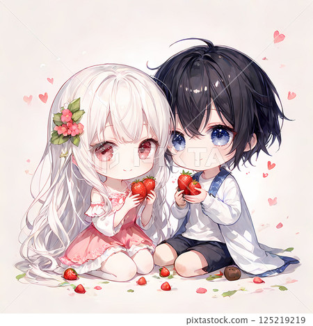 Strawberry harvest. An albino girl and a blue-eyed young man picking strawberries. Clip art of anime-style miniature characters 125219219