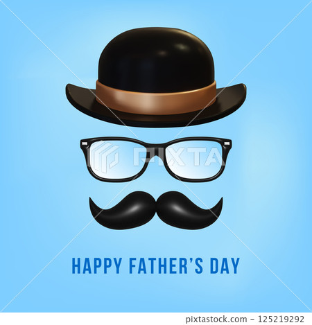 Happy Fathers day banner, poster, card. Concept for Father's Day with glasses, realistic Bowler hat and moustache. Vector. 125219292