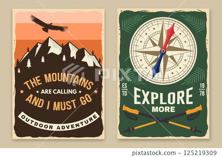 Outdoor adventure flyer, poster, banner design. Vector. Concept for shirt or logo, print, stamp or tee. Vintage typography design with old retro compass, mountain and trekking sticks. Outdoor adventure flyer, poster, banner design. Vector. Concept for shirt or logo, print, stamp or tee. Vintage typography design with old retro compass, mountain and trekking sticks. 125219309