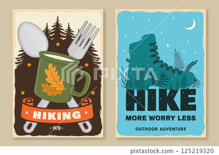Outdoor adventure flyer, poster, banner design. Concept for shirt or logo, print, stamp or tee with pin forest, coffee or tea mug, fork, spoon, hiking boot and grass silhouette. Vector 125219320