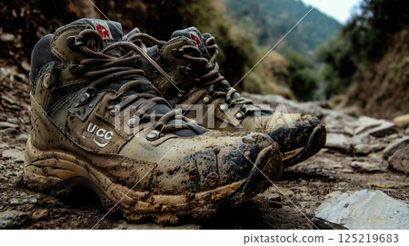 Muddy Hiking Boots on Mountain Trail Muddy Hiking Boots on Mountain Trail 125219683