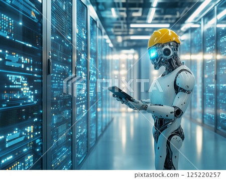 A futuristic AI data center with a humanoid robot and an engineer collaborating, set in a high-tech, ultra-realistic environment blending human intelligence with advanced technology. 125220257