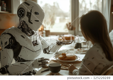 A humanoid AI helps prepare breakfast in a cozy modern kitchen, blending seamlessly into daily life. 125220289