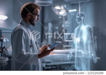 A doctor interacts with an AI hologram in a high-tech hospital, blending real medicine with futuristic technology. 125220290
