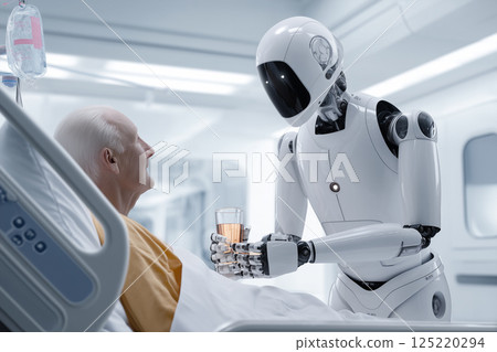 A caring humanoid AI nurse assists an elderly patient in a modern hospital, blending empathy with futuristic technology. A caring humanoid AI nurse assists an elderly patient in a modern hospital, blending empathy with futuristic technology. 125220294