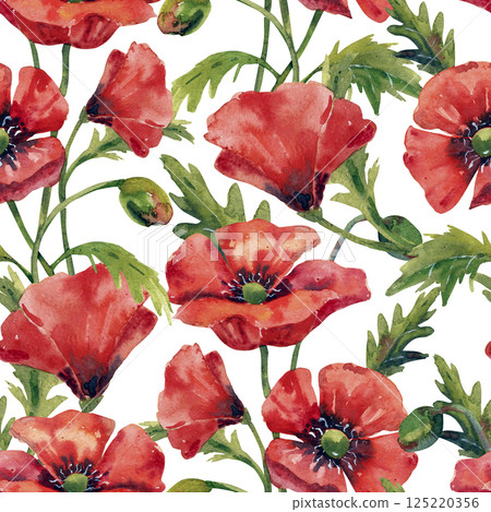 Green watercolor pattern with red flowers in a beautiful style on a white background. Watercolor seamless pattern. Creative wallpaper. 125220356