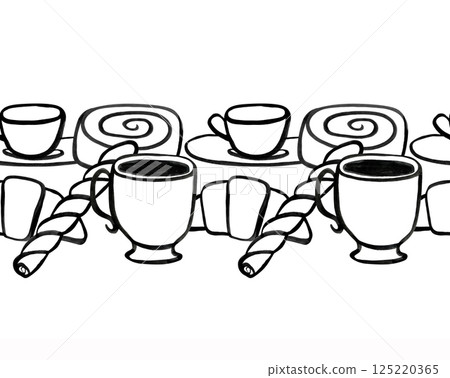 Elegant minimalistic border with coffee cups, croissants, pastries on white background, seamless border for many purposes. Elegant minimalistic border with coffee cups, croissants, pastries on white background, seamless border for many purposes. 125220365
