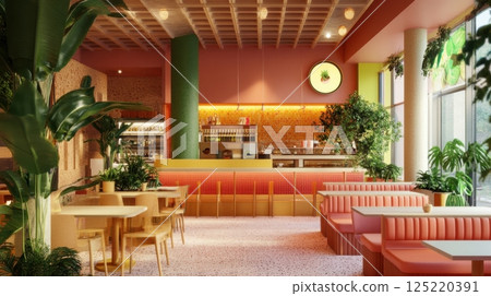 colorful restaurant interior features vibrant coral seating, lush green plants, and a lively juice bar 125220391