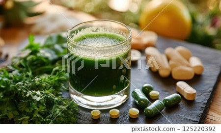 A glass of green juice sits surrounded by fresh herbs and assorted dietary supplements on a dark stone plate 125220392