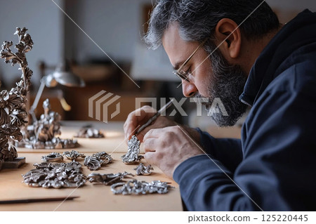 Detailed creation process of handmade silver jewelry, showcasing artisan skill and fine design 125220445