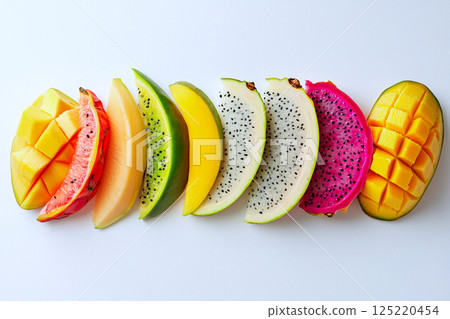 Tropical fruit concept dragon fruit, papaya and mango slices arranged geometrically 125220454