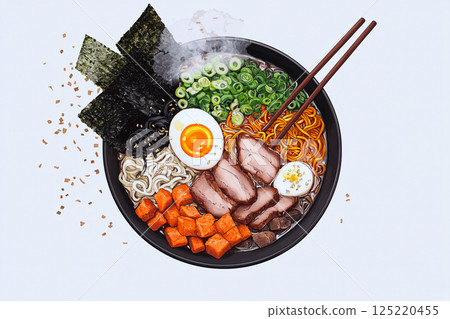 Steaming ramen bowl with pork, egg, seaweed and vibrant toppings, perfect for cozy comfort food 125220455