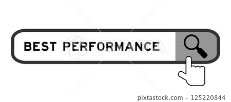 Search banner in word best performance with hand over magnifier icon on white background Search banner in word best performance with hand over magnifier icon on white background 125220844