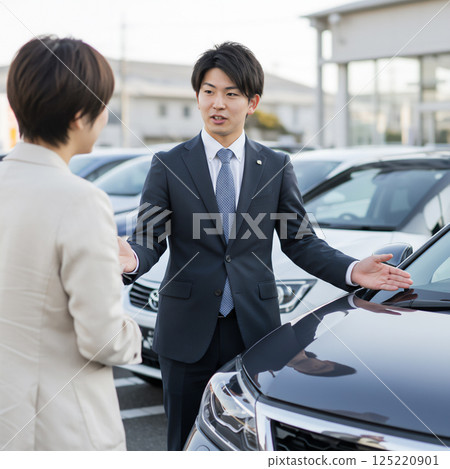 A salesperson at a car dealership explaining things to a customer A salesperson at a car dealership explaining things to a customer 125220901