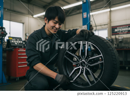 微笑的汽車修理工擰緊輪胎上的螺母 125220913