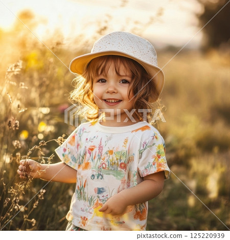 A smiling young child wearing a colorful shirt and white hat stands in a sunlit meadow holding a dried flower 125220939
