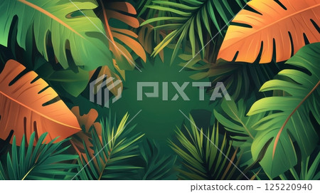 A vibrant tropical background featuring lush green and orange palm leaves framing a blank center space 125220940