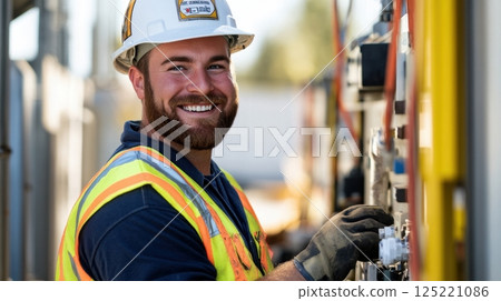 A smiling male construction worker wearing a hard hat and safety vest adjusts equipment at a worksite A smiling male construction worker wearing a hard hat and safety vest adjusts equipment at a worksite 125221086
