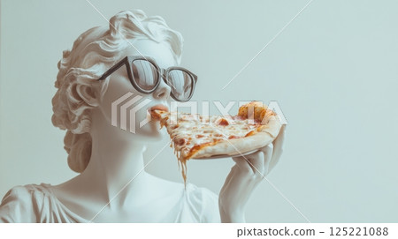 a modern marble-like statue of a stylish woman wearing oversized sunglasses, confidently holding and taking a bite of a cheesy pizza slice 125221088