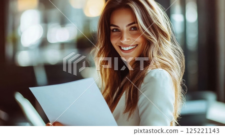 young businesswoman with flowing hair and a bright smile holds documents 125221143