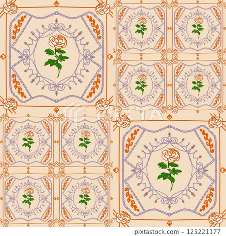 Seamless pattern of blooming orange roses on the creamy background. 125221177