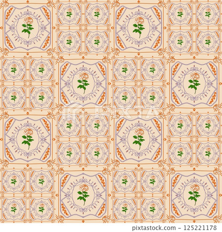 Seamless pattern of blooming orange roses on the creamy background. 125221178