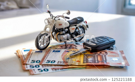 Model motorcycle placed on top of a stack of bills with a car key nearby. The bright and clean background highlights the theme of luxury and desire for material possessions. Concept of money, luxury,  125221188