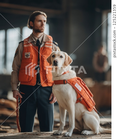 Rescue team with a search dog standing together in a disaster-stricken area, wearing protective vests. The image conveys teamwork, dedication, and the bond between humans and their canine partners. Co Rescue team with a search dog standing together in a disaster-stricken area, wearing protective vests. The image conveys teamwork, dedication, and the bond between humans and their canine partners. Co 125221359