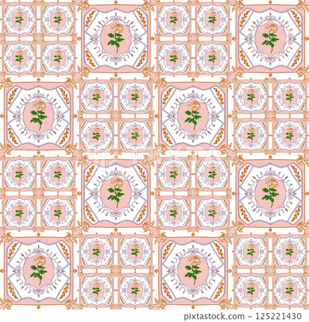 Seamless pattern of blooming orange roses on the pink and white background. Seamless pattern of blooming orange roses on the pink and white background. 125221430
