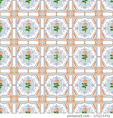 Seamless pattern of blooming orange roses on the blue and white background. 125221432