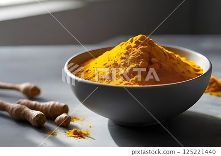 The soft, natural light cascades over the bowl of turmeric powder, creating a mesmerizing play of shadows and highlights on the light grey table. 125221440