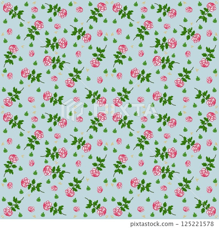 Beautiful seamless pattern of blooming red roses on the blue background. 125221578
