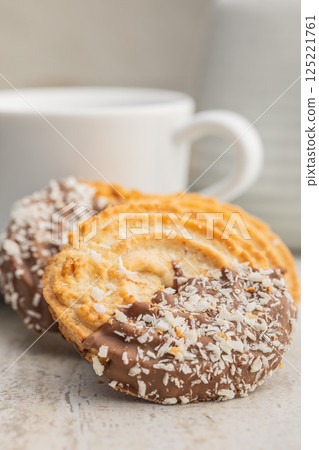 Sweet chocolate cookies on kitchen table. 125221761
