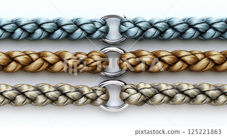 Three braided ropes in teal, brown, and tan connected by silver rings. Three braided ropes in teal, brown, and tan connected by silver rings. 125221863