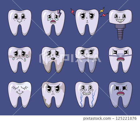 Cartoon Color Retro Groovy Tooth Character Set Different Emotions Concept Flat Design Style. Vector illustration of Teeth Cartoon Color Retro Groovy Tooth Character Set Different Emotions Concept Flat Design Style. Vector illustration of Teeth 125221876