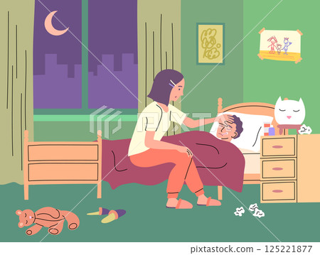 Cartoon Color Characters Sick Child with Mother Concept. Vector illustration 125221877
