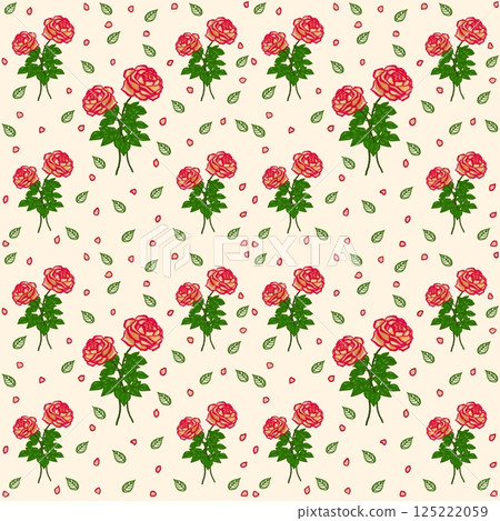 Beautiful seamless pattern of blooming red roses on the creamy background. Beautiful seamless pattern of blooming red roses on the creamy background. 125222059