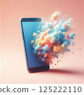 Colorful cloud explosion emerging from smartphone on peach background 125222110