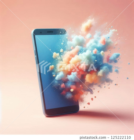 Colorful cloud explosion emerging from smartphone on peach background 125222110
