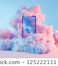 Futuristic smartphone display surrounded by pink and blue cotton candy clouds 125222111