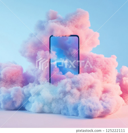Futuristic smartphone display surrounded by pink and blue cotton candy clouds 125222111