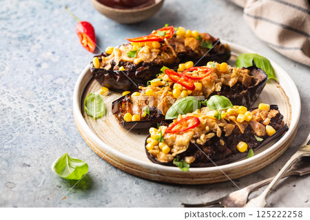 Baked aubergines boats 125222258