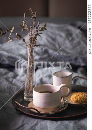 Morning coffee on metal tray Morning coffee on metal tray 125222263