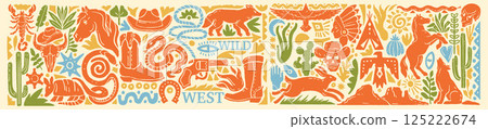 Western desert linocut wild West cowboy print, vector hand drawn Texas nature silhouette collection. 125222674