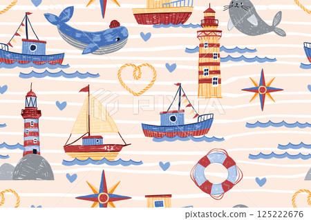 Sea boat seamless pattern, ship ocean kids texture, vector hand drawn nautical baby repeat print.  125222676
