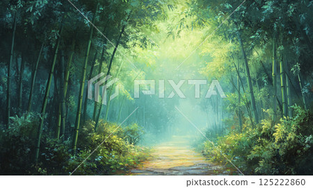 Soft sunlight illuminating a path through a lush bamboo forest Soft sunlight illuminating a path through a lush bamboo forest 125222860